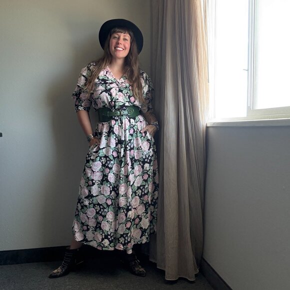 Vintage 90s Black and Pink Floral Midi Girly Church Dress | M-XL - Picture 3 of 16